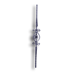 Hammered Stair and Rail Steel Baluster - 9/16" Sq. Material - Style 4 forged steel scrolls, forged panels, metal stair balusters, rail balusters, steel rail balusters, forged steel rosettes, steel balcony balusters, steel pickets, hammered metal stair baluster, hammered metal railing balusters, hand forged balusters, balusters with bushings, forged newel posts, forged rail panels, powder coated steel forgings, forged steel elemetns, stamped steel elements, fully weldable leaves, fully weldable flowers, pressed steel elements, weldable cast steel leaves, forged steel spheres, forged steel baskets