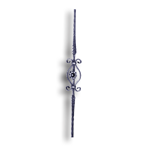 Hammered Stair and Rail Steel Baluster - 9/16" Sq. Material - Style 4 forged steel scrolls, forged panels, metal stair balusters, rail balusters, steel rail balusters, forged steel rosettes, steel balcony balusters, steel pickets, hammered metal stair baluster, hammered metal railing balusters, hand forged balusters, balusters with bushings, forged newel posts, forged rail panels, powder coated steel forgings, forged steel elemetns, stamped steel elements, fully weldable leaves, fully weldable flowers, pressed steel elements, weldable cast steel leaves, forged steel spheres, forged steel baskets
