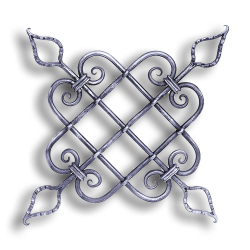 Decorative Forged Steel Grill - 1/2" dia. Material forged steel scrolls, forged panels, metal stair balusters, rail balusters, steel rail balusters, forged steel rosettes, steel balcony balusters, steel pickets, hammered metal stair baluster, hammered metal railing balusters, hand forged balusters, balusters with bushings, forged newel posts, forged rail panels, powder coated steel forgings, forged steel elemetns, stamped steel elements, fully weldable leaves, fully weldable flowers, pressed steel elements, weldable cast steel leaves, forged steel spheres, forged steel baskets