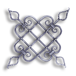 Decorative Forged Steel Grill - 1/2" dia. Material forged steel scrolls, forged panels, metal stair balusters, rail balusters, steel rail balusters, forged steel rosettes, steel balcony balusters, steel pickets, hammered metal stair baluster, hammered metal railing balusters, hand forged balusters, balusters with bushings, forged newel posts, forged rail panels, powder coated steel forgings, forged steel elemetns, stamped steel elements, fully weldable leaves, fully weldable flowers, pressed steel elements, weldable cast steel leaves, forged steel spheres, forged steel baskets