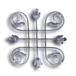 Decorative Forged Steel Grill - 1/2" dia. Material forged steel scrolls, forged panels, metal stair balusters, rail balusters, steel rail balusters, forged steel rosettes, steel balcony balusters, steel pickets, hammered metal stair baluster, hammered metal railing balusters, hand forged balusters, balusters with bushings, forged newel posts, forged rail panels, powder coated steel forgings, forged steel elemetns, stamped steel elements, fully weldable leaves, fully weldable flowers, pressed steel elements, weldable cast steel leaves, forged steel spheres, forged steel baskets