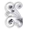 Forged Steel Floral Panel - 1/2" dia. Material forged steel scrolls, forged panels, metal stair balusters, rail balusters, steel rail balusters, forged steel rosettes, steel balcony balusters, steel pickets, hammered metal stair baluster, hammered metal railing balusters, hand forged balusters, balusters with bushings, forged newel posts, forged rail panels, powder coated steel forgings, forged steel elemetns, stamped steel elements, fully weldable leaves, fully weldable flowers, pressed steel elements, weldable cast steel leaves, forged steel spheres, forged steel baskets
