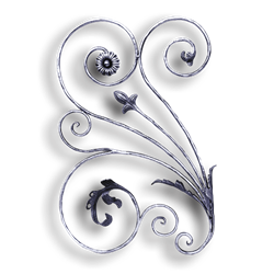 Forged Steel Floral Panel - 1/2" dia. Material forged steel scrolls, forged panels, metal stair balusters, rail balusters, steel rail balusters, forged steel rosettes, steel balcony balusters, steel pickets, hammered metal stair baluster, hammered metal railing balusters, hand forged balusters, balusters with bushings, forged newel posts, forged rail panels, powder coated steel forgings, forged steel elemetns, stamped steel elements, fully weldable leaves, fully weldable flowers, pressed steel elements, weldable cast steel leaves, forged steel spheres, forged steel baskets