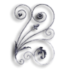 Forged Steel Floral Panel - 1/2" dia. Material forged steel scrolls, forged panels, metal stair balusters, rail balusters, steel rail balusters, forged steel rosettes, steel balcony balusters, steel pickets, hammered metal stair baluster, hammered metal railing balusters, hand forged balusters, balusters with bushings, forged newel posts, forged rail panels, powder coated steel forgings, forged steel elemetns, stamped steel elements, fully weldable leaves, fully weldable flowers, pressed steel elements, weldable cast steel leaves, forged steel spheres, forged steel baskets