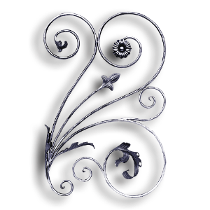 Forged Steel Floral Panel - 1/2" dia. Material forged steel scrolls, forged panels, metal stair balusters, rail balusters, steel rail balusters, forged steel rosettes, steel balcony balusters, steel pickets, hammered metal stair baluster, hammered metal railing balusters, hand forged balusters, balusters with bushings, forged newel posts, forged rail panels, powder coated steel forgings, forged steel elemetns, stamped steel elements, fully weldable leaves, fully weldable flowers, pressed steel elements, weldable cast steel leaves, forged steel spheres, forged steel baskets