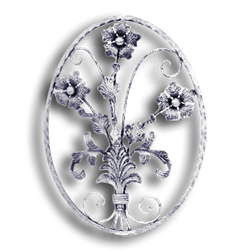 Forged Steel Floral Rosette - 9/16" Sq. Material forged steel scrolls, forged panels, metal stair balusters, rail balusters, steel rail balusters, forged steel rosettes, steel balcony balusters, steel pickets, hammered metal stair baluster, hammered metal railing balusters, hand forged balusters, balusters with bushings, forged newel posts, forged rail panels, powder coated steel forgings, forged steel elemetns, stamped steel elements, fully weldable leaves, fully weldable flowers, pressed steel elements, weldable cast steel leaves, forged steel spheres, forged steel baskets