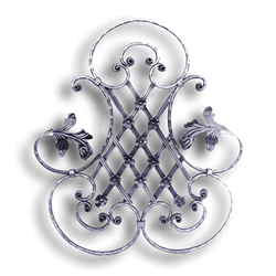 Decorative Forged Steel Floral Grill - 5/8" x 5/16" Sq. Material forged steel scrolls, forged panels, metal stair balusters, rail balusters, steel rail balusters, forged steel rosettes, steel balcony balusters, steel pickets, hammered metal stair baluster, hammered metal railing balusters, hand forged balusters, balusters with bushings, forged newel posts, forged rail panels, powder coated steel forgings, forged steel elemetns, stamped steel elements, fully weldable leaves, fully weldable flowers, pressed steel elements, weldable cast steel leaves, forged steel spheres, forged steel baskets