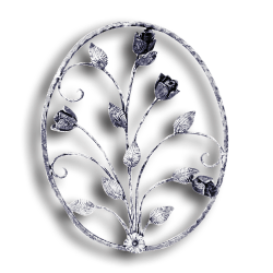 Forged Steel Floral Rosette - 9/16" Sq. Material forged steel scrolls, forged panels, metal stair balusters, rail balusters, steel rail balusters, forged steel rosettes, steel balcony balusters, steel pickets, hammered metal stair baluster, hammered metal railing balusters, hand forged balusters, balusters with bushings, forged newel posts, forged rail panels, powder coated steel forgings, forged steel elemetns, stamped steel elements, fully weldable leaves, fully weldable flowers, pressed steel elements, weldable cast steel leaves, forged steel spheres, forged steel baskets