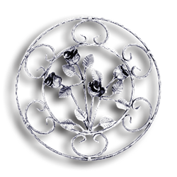 Forged Steel Floral Rosette - 1/2" X 1/4" Sq. Material forged steel scrolls, forged panels, metal stair balusters, rail balusters, steel rail balusters, forged steel rosettes, steel balcony balusters, steel pickets, hammered metal stair baluster, hammered metal railing balusters, hand forged balusters, balusters with bushings, forged newel posts, forged rail panels, powder coated steel forgings, forged steel elemetns, stamped steel elements, fully weldable leaves, fully weldable flowers, pressed steel elements, weldable cast steel leaves, forged steel spheres, forged steel baskets