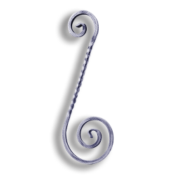 Forged Steel Twisted Scroll forged steel scrolls, forged panels, metal stair balusters, rail balusters, steel rail balusters, forged steel rosettes, steel balcony balusters, steel pickets, hammered metal stair baluster, hammered metal railing balusters, hand forged balusters, balusters with bushings, forged newel posts, forged rail panels, powder coated steel forgings, forged steel elemetns, stamped steel elements, fully weldable leaves, fully weldable flowers, pressed steel elements, weldable cast steel leaves, forged steel spheres, forged steel baskets