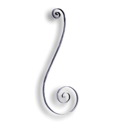Forged Steel Stair and Rail Scroll - 3/4" x 1/4" Sq. Material forged steel scrolls, forged panels, metal stair balusters, rail balusters, steel rail balusters, forged steel rosettes, steel balcony balusters, steel pickets, hammered metal stair baluster, hammered metal railing balusters, hand forged balusters, balusters with bushings, forged newel posts, forged rail panels, powder coated steel forgings, forged steel elemetns, stamped steel elements, fully weldable leaves, fully weldable flowers, pressed steel elements, weldable cast steel leaves, forged steel spheres, forged steel baskets