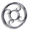 Forged Steel Rosette - 1/2" x 1/4" Sq. Material forged steel scrolls, forged panels, metal stair balusters, rail balusters, steel rail balusters, forged steel rosettes, steel balcony balusters, steel pickets, hammered metal stair baluster, hammered metal railing balusters, hand forged balusters, balusters with bushings, forged newel posts, forged rail panels, powder coated steel forgings, forged steel elemetns, stamped steel elements, fully weldable leaves, fully weldable flowers, pressed steel elements, weldable cast steel leaves, forged steel spheres, forged steel baskets