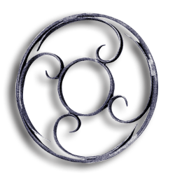 Forged Steel Rosette - 1/2" x 1/4" Sq. Material forged steel scrolls, forged panels, metal stair balusters, rail balusters, steel rail balusters, forged steel rosettes, steel balcony balusters, steel pickets, hammered metal stair baluster, hammered metal railing balusters, hand forged balusters, balusters with bushings, forged newel posts, forged rail panels, powder coated steel forgings, forged steel elemetns, stamped steel elements, fully weldable leaves, fully weldable flowers, pressed steel elements, weldable cast steel leaves, forged steel spheres, forged steel baskets