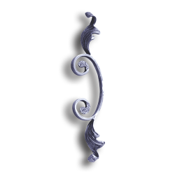 Forged Steel Scroll with Leaves forged steel scrolls, forged panels, metal stair balusters, rail balusters, steel rail balusters, forged steel rosettes, steel balcony balusters, steel pickets, hammered metal stair baluster, hammered metal railing balusters, hand forged balusters, balusters with bushings, forged newel posts, forged rail panels, powder coated steel forgings, forged steel elemetns, stamped steel elements, fully weldable leaves, fully weldable flowers, pressed steel elements, weldable cast steel leaves, forged steel spheres, forged steel baskets