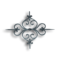 Forged Steel Panel - 5/8" Sq. Material forged steel scrolls, forged panels, metal stair balusters, rail balusters, steel rail balusters, forged steel rosettes, steel balcony balusters, steel pickets, hammered metal stair baluster, hammered metal railing balusters, hand forged balusters, balusters with bushings, forged newel posts, forged rail panels, powder coated steel forgings, forged steel elemetns, stamped steel elements, fully weldable leaves, fully weldable flowers, pressed steel elements, weldable cast steel leaves, forged steel spheres, forged steel baskets