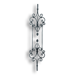 Forged Steel Large Panel - 1/2" x 1/4"  Material forged steel scrolls, forged panels, metal stair balusters, rail balusters, steel rail balusters, forged steel rosettes, steel balcony balusters, steel pickets, hammered metal stair baluster, hammered metal railing balusters, hand forged balusters, balusters with bushings, forged newel posts, forged rail panels, powder coated steel forgings, forged steel elemetns, stamped steel elements, fully weldable leaves, fully weldable flowers, pressed steel elements, weldable cast steel leaves, forged steel spheres, forged steel baskets