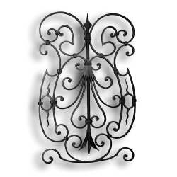 Forged Steel Rail Panel - 5/8" x 5/16" Sq. Material forged steel scrolls, forged panels, metal stair balusters, rail balusters, steel rail balusters, forged steel rosettes, steel balcony balusters, steel pickets, hammered metal stair baluster, hammered metal railing balusters, hand forged balusters, balusters with bushings, forged newel posts, forged rail panels, powder coated steel forgings, forged steel elemetns, stamped steel elements, fully weldable leaves, fully weldable flowers, pressed steel elements, weldable cast steel leaves, forged steel spheres, forged steel baskets
