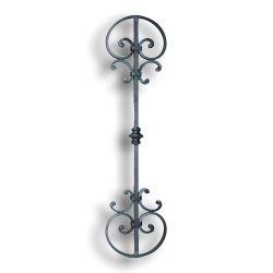 Forged Steel Large Panel - 5/8" x 5/16" Material forged steel scrolls, forged panels, metal stair balusters, rail balusters, steel rail balusters, forged steel rosettes, steel balcony balusters, steel pickets, hammered metal stair baluster, hammered metal railing balusters, hand forged balusters, balusters with bushings, forged newel posts, forged rail panels, powder coated steel forgings, forged steel elemetns, stamped steel elements, fully weldable leaves, fully weldable flowers, pressed steel elements, weldable cast steel leaves, forged steel spheres, forged steel baskets