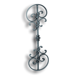 Forged Steel Large Panel - 5/8" x 5/16" Material forged steel scrolls, forged panels, metal stair balusters, rail balusters, steel rail balusters, forged steel rosettes, steel balcony balusters, steel pickets, hammered metal stair baluster, hammered metal railing balusters, hand forged balusters, balusters with bushings, forged newel posts, forged rail panels, powder coated steel forgings, forged steel elemetns, stamped steel elements, fully weldable leaves, fully weldable flowers, pressed steel elements, weldable cast steel leaves, forged steel spheres, forged steel baskets