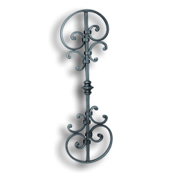 Forged Steel Large Panel - 5/8" x 5/16" Material forged steel scrolls, forged panels, metal stair balusters, rail balusters, steel rail balusters, forged steel rosettes, steel balcony balusters, steel pickets, hammered metal stair baluster, hammered metal railing balusters, hand forged balusters, balusters with bushings, forged newel posts, forged rail panels, powder coated steel forgings, forged steel elemetns, stamped steel elements, fully weldable leaves, fully weldable flowers, pressed steel elements, weldable cast steel leaves, forged steel spheres, forged steel baskets