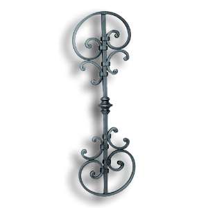 Forged Steel Large Panel - 5/8" x 5/16" Material forged steel scrolls, forged panels, metal stair balusters, rail balusters, steel rail balusters, forged steel rosettes, steel balcony balusters, steel pickets, hammered metal stair baluster, hammered metal railing balusters, hand forged balusters, balusters with bushings, forged newel posts, forged rail panels, powder coated steel forgings, forged steel elemetns, stamped steel elements, fully weldable leaves, fully weldable flowers, pressed steel elements, weldable cast steel leaves, forged steel spheres, forged steel baskets