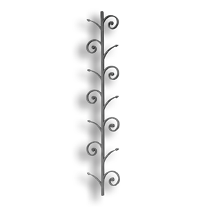 Art Deco Baluster - 9/16" Sq. Material forged steel scrolls, forged panels, metal stair balusters, rail balusters, steel rail balusters, forged steel rosettes, steel balcony balusters, steel pickets, hammered metal stair baluster, hammered metal railing balusters, hand forged balusters, balusters with bushings, forged newel posts, forged rail panels, powder coated steel forgings, forged steel elemetns, stamped steel elements, fully weldable leaves, fully weldable flowers, pressed steel elements, weldable cast steel leaves, forged steel spheres, forged steel baskets