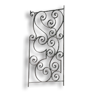 Forged Steel Rail Panel - 9/16" x 5/16" Material forged steel scrolls, forged panels, metal stair balusters, rail balusters, steel rail balusters, forged steel rosettes, steel balcony balusters, steel pickets, hammered metal stair baluster, hammered metal railing balusters, hand forged balusters, balusters with bushings, forged newel posts, forged rail panels, powder coated steel forgings, forged steel elemetns, stamped steel elements, fully weldable leaves, fully weldable flowers, pressed steel elements, weldable cast steel leaves, forged steel spheres, forged steel baskets
