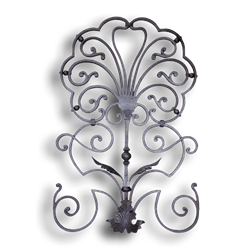 Forged Steel Rail Panel - 5/8" x 5/16" Sq. Material forged steel scrolls, forged panels, metal stair balusters, rail balusters, steel rail balusters, forged steel rosettes, steel balcony balusters, steel pickets, hammered metal stair baluster, hammered metal railing balusters, hand forged balusters, balusters with bushings, forged newel posts, forged rail panels, powder coated steel forgings, forged steel elemetns, stamped steel elements, fully weldable leaves, fully weldable flowers, pressed steel elements, weldable cast steel leaves, forged steel spheres, forged steel baskets