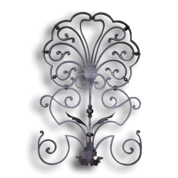 Forged Steel Rail Panel - 5/8" x 5/16" Sq. Material forged steel scrolls, forged panels, metal stair balusters, rail balusters, steel rail balusters, forged steel rosettes, steel balcony balusters, steel pickets, hammered metal stair baluster, hammered metal railing balusters, hand forged balusters, balusters with bushings, forged newel posts, forged rail panels, powder coated steel forgings, forged steel elemetns, stamped steel elements, fully weldable leaves, fully weldable flowers, pressed steel elements, weldable cast steel leaves, forged steel spheres, forged steel baskets