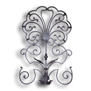 Forged Steel Rail Panel - 5/8" x 5/16" Sq. Material forged steel scrolls, forged panels, metal stair balusters, rail balusters, steel rail balusters, forged steel rosettes, steel balcony balusters, steel pickets, hammered metal stair baluster, hammered metal railing balusters, hand forged balusters, balusters with bushings, forged newel posts, forged rail panels, powder coated steel forgings, forged steel elemetns, stamped steel elements, fully weldable leaves, fully weldable flowers, pressed steel elements, weldable cast steel leaves, forged steel spheres, forged steel baskets