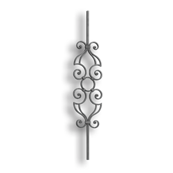 Forged Steel Scroll Picket - 9/16" Sq. Material forged steel scrolls, forged panels, metal stair balusters, rail balusters, steel rail balusters, forged steel rosettes, steel balcony balusters, steel pickets, hammered metal stair baluster, hammered metal railing balusters, hand forged balusters, balusters with bushings, forged newel posts, forged rail panels, powder coated steel forgings, forged steel elemetns, stamped steel elements, fully weldable leaves, fully weldable flowers, pressed steel elements, weldable cast steel leaves, forged steel spheres, forged steel baskets