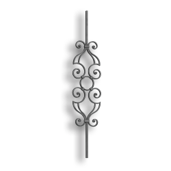 Forged Steel Scroll Picket - 9/16" Sq. Material forged steel scrolls, forged panels, metal stair balusters, rail balusters, steel rail balusters, forged steel rosettes, steel balcony balusters, steel pickets, hammered metal stair baluster, hammered metal railing balusters, hand forged balusters, balusters with bushings, forged newel posts, forged rail panels, powder coated steel forgings, forged steel elemetns, stamped steel elements, fully weldable leaves, fully weldable flowers, pressed steel elements, weldable cast steel leaves, forged steel spheres, forged steel baskets
