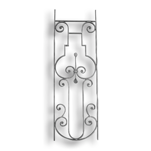 Forged Steel Rail Scroll Panel - 9/16" x 5/16" Rect. Material forged steel scrolls, forged panels, metal stair balusters, rail balusters, steel rail balusters, forged steel rosettes, steel balcony balusters, steel pickets, hammered metal stair baluster, hammered metal railing balusters, hand forged balusters, balusters with bushings, forged newel posts, forged rail panels, powder coated steel forgings, forged steel elemetns, stamped steel elements, fully weldable leaves, fully weldable flowers, pressed steel elements, weldable cast steel leaves, forged steel spheres, forged steel baskets