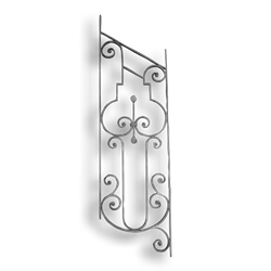 Forged Steel Angled Rail Scroll Panel - 9/16" x 5/16" Rect. Material forged steel scrolls, forged panels, metal stair balusters, rail balusters, steel rail balusters, forged steel rosettes, steel balcony balusters, steel pickets, hammered metal stair baluster, hammered metal railing balusters, hand forged balusters, balusters with bushings, forged newel posts, forged rail panels, powder coated steel forgings, forged steel elemetns, stamped steel elements, fully weldable leaves, fully weldable flowers, pressed steel elements, weldable cast steel leaves, forged steel spheres, forged steel baskets
