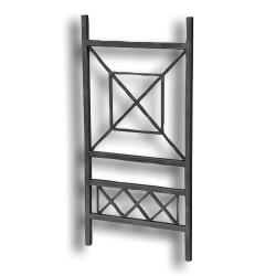 Forged Steel Art Deco Rail Panel - 1" Square Material forged steel scrolls, forged panels, metal stair balusters, rail balusters, steel rail balusters, forged steel rosettes, steel balcony balusters, steel pickets, hammered metal stair baluster, hammered metal railing balusters, hand forged balusters, balusters with bushings, forged newel posts, forged rail panels, powder coated steel forgings, forged steel elemetns, stamped steel elements, fully weldable leaves, fully weldable flowers, pressed steel elements, weldable cast steel leaves, forged steel spheres, forged steel baskets