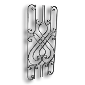 Forged Steel Scroll Panel - 5/8" x 5/16" Rect. Material forged steel scrolls, forged panels, metal stair balusters, rail balusters, steel rail balusters, forged steel rosettes, steel balcony balusters, steel pickets, hammered metal stair baluster, hammered metal railing balusters, hand forged balusters, balusters with bushings, forged newel posts, forged rail panels, powder coated steel forgings, forged steel elemetns, stamped steel elements, fully weldable leaves, fully weldable flowers, pressed steel elements, weldable cast steel leaves, forged steel spheres, forged steel baskets