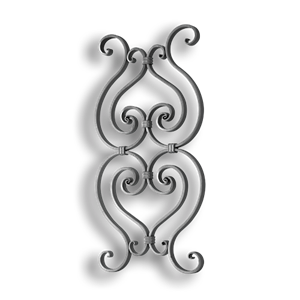 Forged Steel Scroll Panel - 5/8" x 1/4" Rect. Material forged steel scrolls, forged panels, metal stair balusters, rail balusters, steel rail balusters, forged steel rosettes, steel balcony balusters, steel pickets, hammered metal stair baluster, hammered metal railing balusters, hand forged balusters, balusters with bushings, forged newel posts, forged rail panels, powder coated steel forgings, forged steel elemetns, stamped steel elements, fully weldable leaves, fully weldable flowers, pressed steel elements, weldable cast steel leaves, forged steel spheres, forged steel baskets