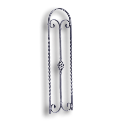 Forged Steel Stair Panel - 1/2" Sq. Material forged steel scrolls, forged panels, metal stair balusters, rail balusters, steel rail balusters, forged steel rosettes, steel balcony balusters, steel pickets, hammered metal stair baluster, hammered metal railing balusters, hand forged balusters, balusters with bushings, forged newel posts, forged rail panels, powder coated steel forgings, forged steel elemetns, stamped steel elements, fully weldable leaves, fully weldable flowers, pressed steel elements, weldable cast steel leaves, forged steel spheres, forged steel baskets