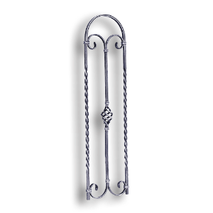 Forged Steel Stair Panel - 1/2" Sq. Material forged steel scrolls, forged panels, metal stair balusters, rail balusters, steel rail balusters, forged steel rosettes, steel balcony balusters, steel pickets, hammered metal stair baluster, hammered metal railing balusters, hand forged balusters, balusters with bushings, forged newel posts, forged rail panels, powder coated steel forgings, forged steel elemetns, stamped steel elements, fully weldable leaves, fully weldable flowers, pressed steel elements, weldable cast steel leaves, forged steel spheres, forged steel baskets