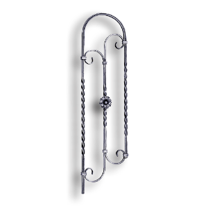 Forged Steel Stair Panel - 1/2" Sq. Material forged steel scrolls, forged panels, metal stair balusters, rail balusters, steel rail balusters, forged steel rosettes, steel balcony balusters, steel pickets, hammered metal stair baluster, hammered metal railing balusters, hand forged balusters, balusters with bushings, forged newel posts, forged rail panels, powder coated steel forgings, forged steel elemetns, stamped steel elements, fully weldable leaves, fully weldable flowers, pressed steel elements, weldable cast steel leaves, forged steel spheres, forged steel baskets
