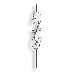 Powder Coated Forged Steel Scroll Baluster - 1/2" Sq. Material forged steel scrolls, forged panels, metal stair balusters, rail balusters, steel rail balusters, forged steel rosettes, steel balcony balusters, steel pickets, hammered metal stair baluster, hammered metal railing balusters, hand forged balusters, balusters with bushings, forged newel posts, forged rail panels, powder coated steel forgings, forged steel elemetns, stamped steel elements, fully weldable leaves, fully weldable flowers, pressed steel elements, weldable cast steel leaves, forged steel spheres, forged steel baskets