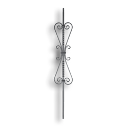 Powder Coated Forged Steel Scroll Baluster Twisted - 9/16" Sq. Material forged steel scrolls, forged panels, metal stair balusters, rail balusters, steel rail balusters, forged steel rosettes, steel balcony balusters, steel pickets, hammered metal stair baluster, hammered metal railing balusters, hand forged balusters, balusters with bushings, forged newel posts, forged rail panels, powder coated steel forgings, forged steel elemetns, stamped steel elements, fully weldable leaves, fully weldable flowers, pressed steel elements, weldable cast steel leaves, forged steel spheres, forged steel baskets