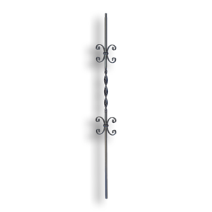 Powder Coated Forged Steel Scroll Baluster Twisted - 1/2" Sq. Material - Style 2 forged steel scrolls, forged panels, metal stair balusters, rail balusters, steel rail balusters, forged steel rosettes, steel balcony balusters, steel pickets, hammered metal stair baluster, hammered metal railing balusters, hand forged balusters, balusters with bushings, forged newel posts, forged rail panels, powder coated steel forgings, forged steel elemetns, stamped steel elements, fully weldable leaves, fully weldable flowers, pressed steel elements, weldable cast steel leaves, forged steel spheres, forged steel baskets