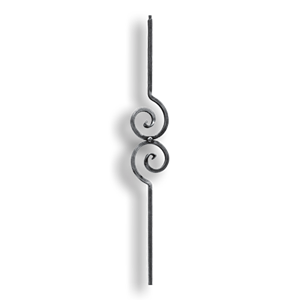 Powder Coated Forged Steel Baluster - 1/2" Sq. Material - Style 5 forged steel scrolls, forged panels, metal stair balusters, rail balusters, steel rail balusters, forged steel rosettes, steel balcony balusters, steel pickets, hammered metal stair baluster, hammered metal railing balusters, hand forged balusters, balusters with bushings, forged newel posts, forged rail panels, powder coated steel forgings, forged steel elemetns, stamped steel elements, fully weldable leaves, fully weldable flowers, pressed steel elements, weldable cast steel leaves, forged steel spheres, forged steel baskets