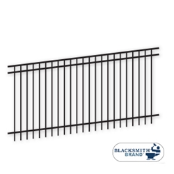 Black Flat Top/Extended Bottom Three Rail Panel-1½" Rails black flat top extended bottom three rail panel, 3-rail panel, one and a half inch rails, 1-1/2" rails, extended pickets, custom fencing, fence panels, fence accessories, fence hardware, galvanized, powder coated, blacksmith brand, ts distributors