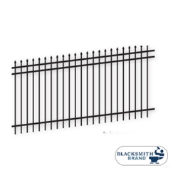 Black Pressed Spear Top/Extended Bottom Three Rail Panel black pressed spear top extended bottom three rail panel, 3-rail panel, extended pickets, cutom fencing, fence panels, fence accessories, fence hardware, galvanized, powder coated, blacksmith brand, ts distributors