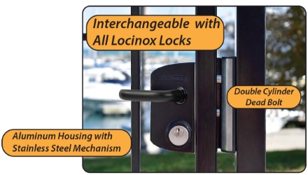 US Mortise Cylinder Keyway <meta name="" content=" Locinox Mortise Cylinder Lock, double cylinder dead bolt, aluminum gate lock, self-latching gate bolt, Free Exit application, heavy-duty bolt lock">